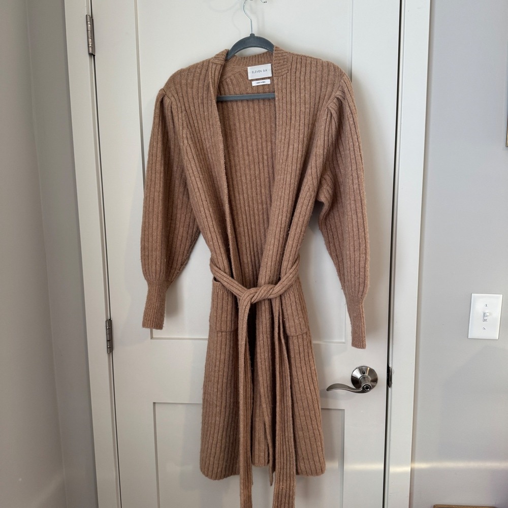 Eleven Six Ribbed Knit Belted Duster Cardigan Camel Brown Puff Sleeve Peru